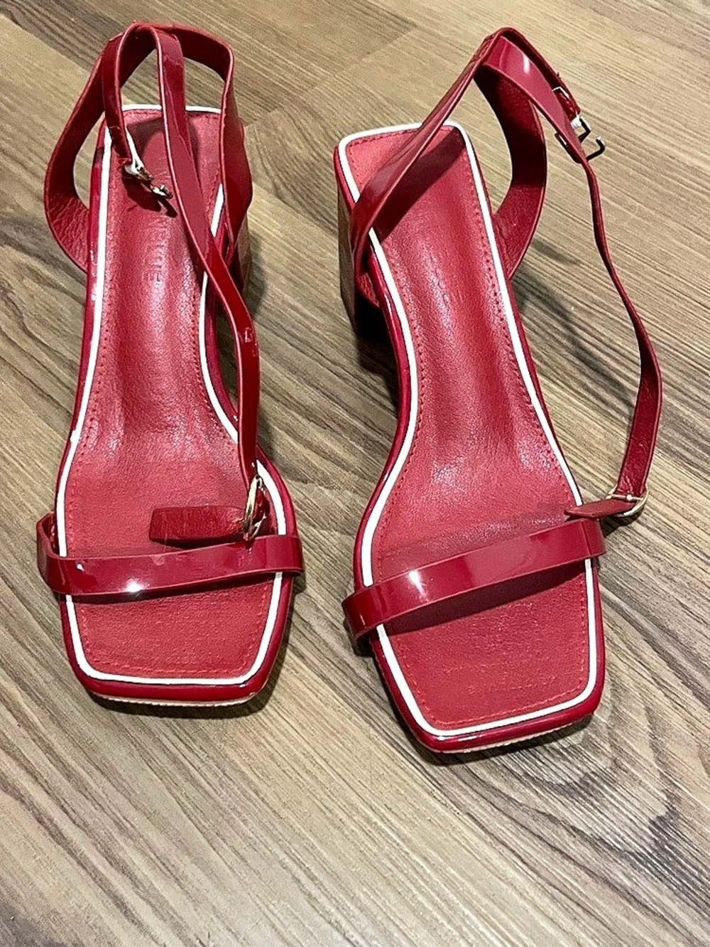Red Strappy Block Heel Sandals Like New